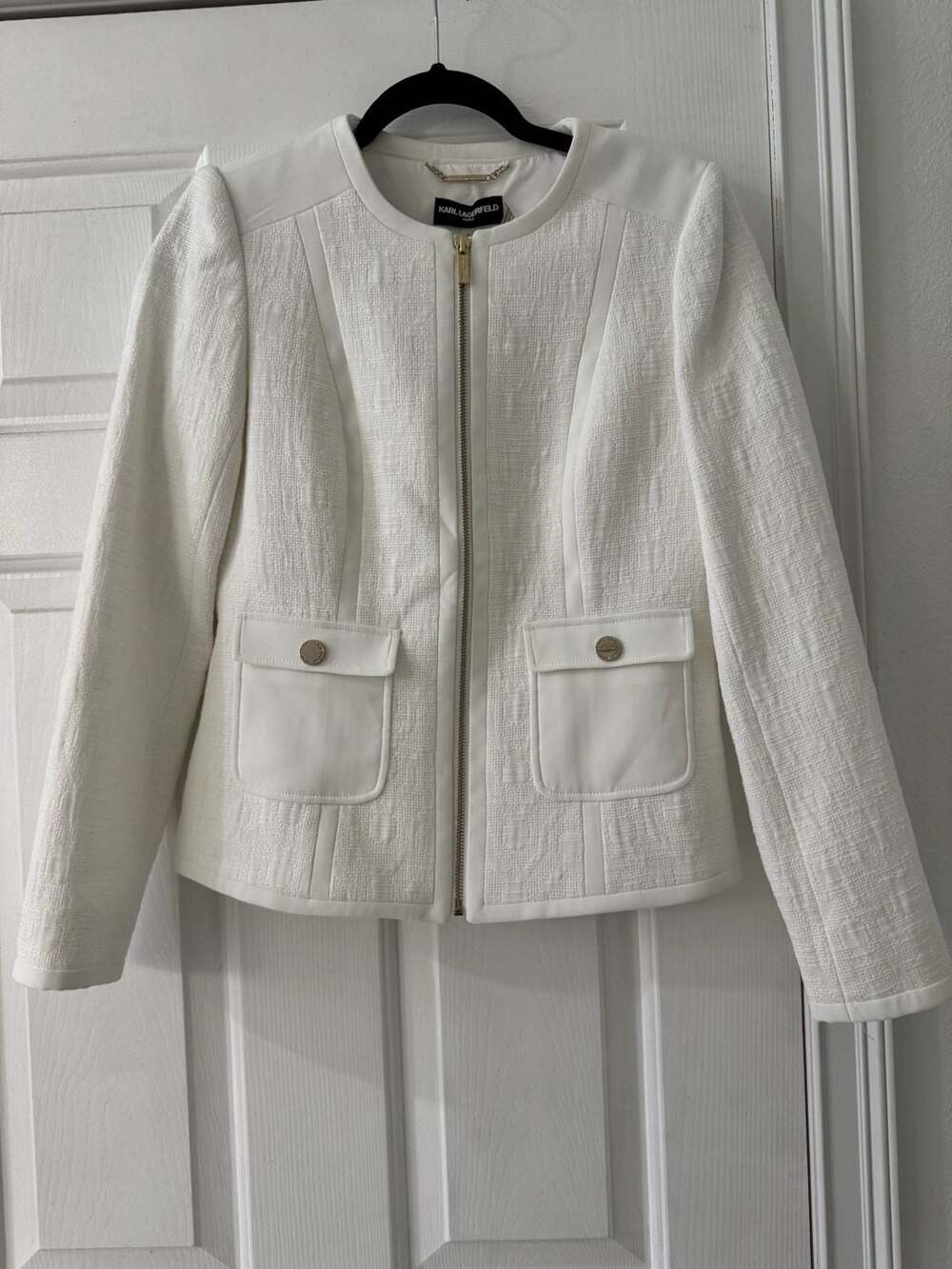 Karl Lagerfeld Paris White Tweed Zip Front Jacket Blazer with Gold Buttons